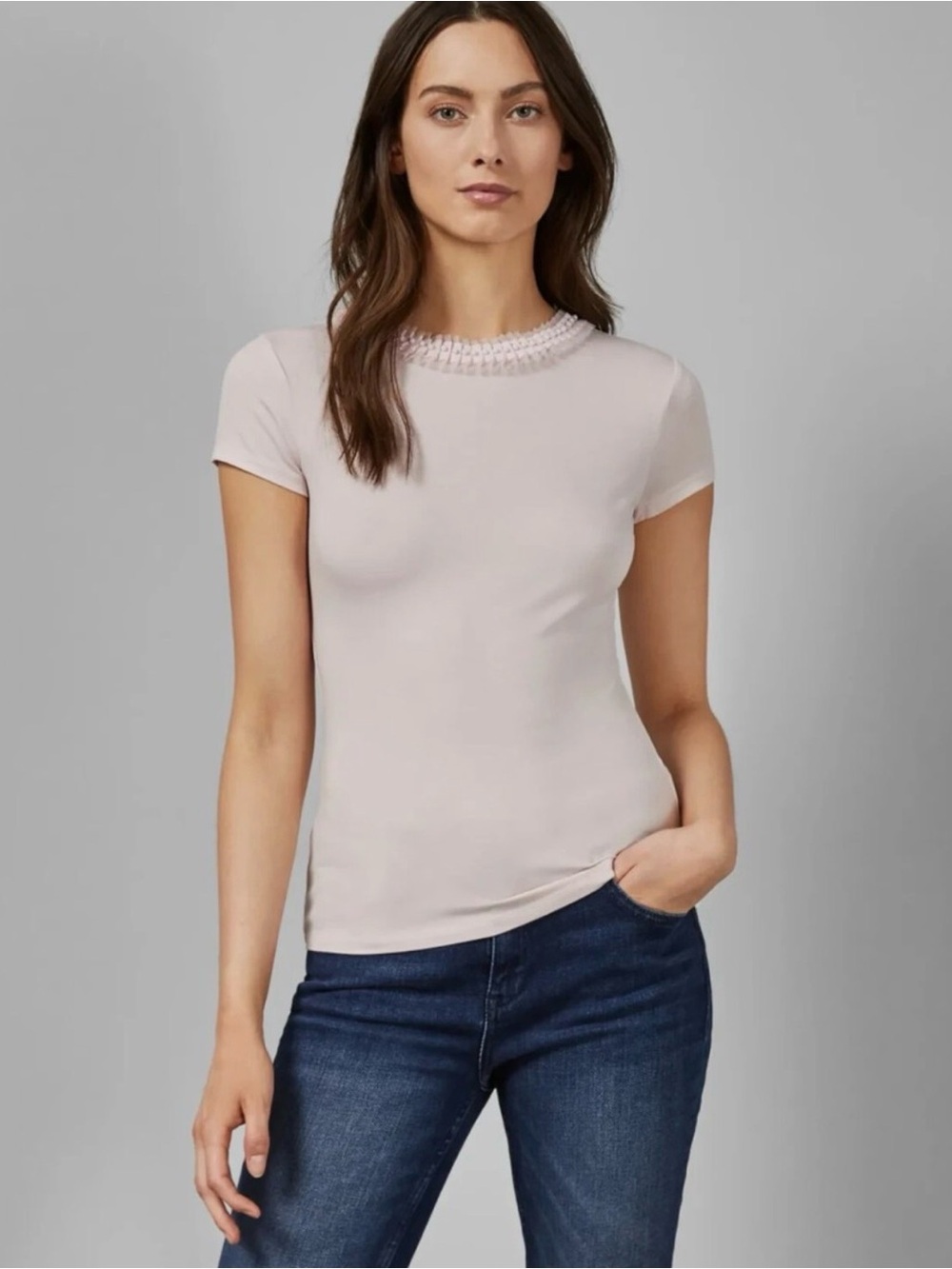 TED BAKER JACII Pink Embellished Neck Fitted Tee Top Ted Baker Size 0 / XS - Picture 7 of 8